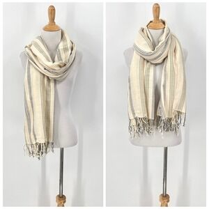 ESCUDO 100% Pima Cotton Handmade in Peru Scarf Cream Blue Stripe Fringe